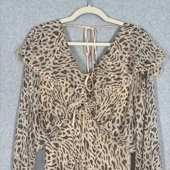 ASOS Dress 8 Cream Midi Ruffle Tiered Leopard Sheer Puff Prairie Cottage Boho - Picture 5 of 16
